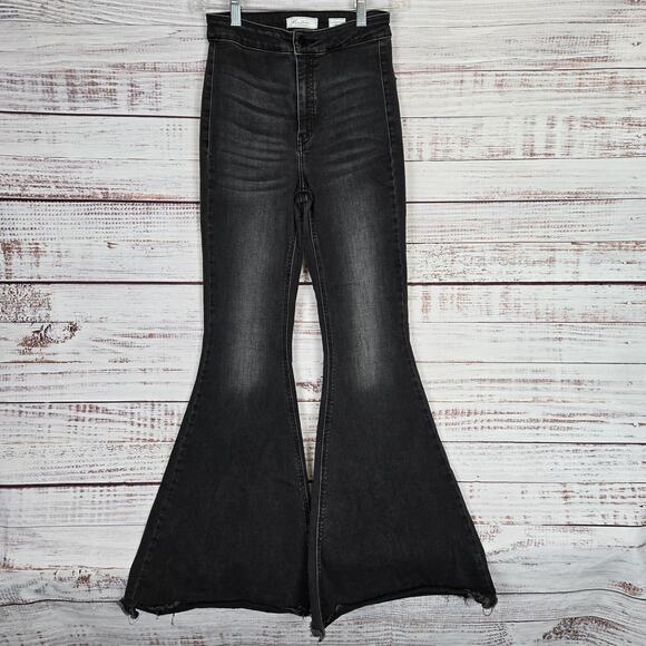 KanCan Y2K Jeans 25 Black Ultra High Rise Extreme Flare Distressed Frayed Hem - Picture 1 of 10